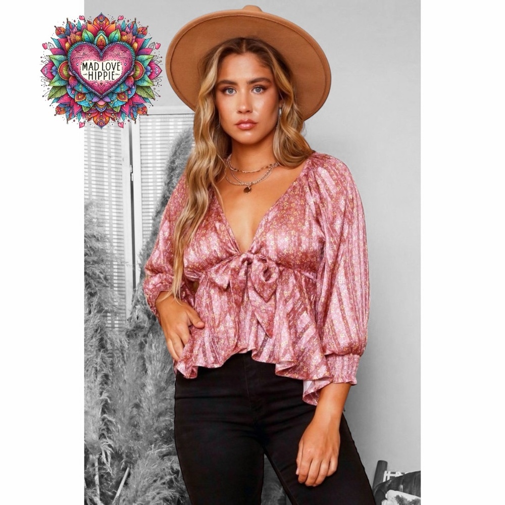 Peach Love Pink Satin Floral Print V Neck Sparkle Accent Babydoll Top with Bow - Picture 4 of 7